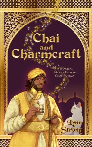 Chai and Charmcraft by Lynn Strong. A shy, soft, plump brown man with a shy smile, soft silver streaks in his dark hair and beard, and saffron-golden silks holds a steaming glass of chai in front of a golden archway. Beside him, a gray cat looks up at his glass, and the sun rises over a cityscape in the background.